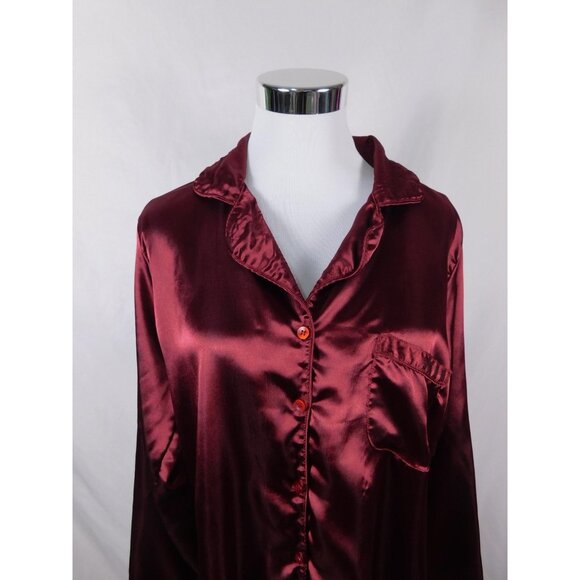 BRIDEnBRIDESMAID Shirt Womens Large Burgundy Satin Nightshirt Button Front - Picture 2 of 11